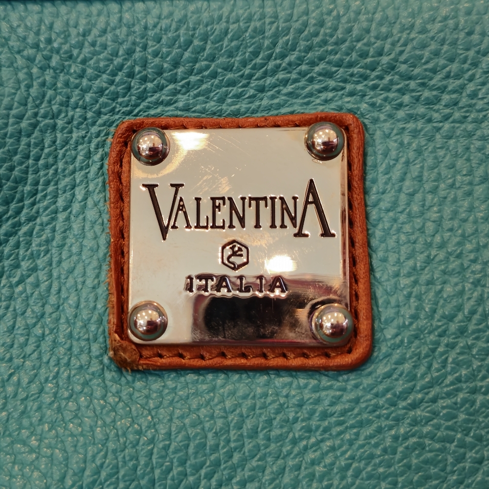 🎀 Valentina Turquoise and Tan Pebble Leather Shoulder Bag with Gold Accents - Picture 3 of 17